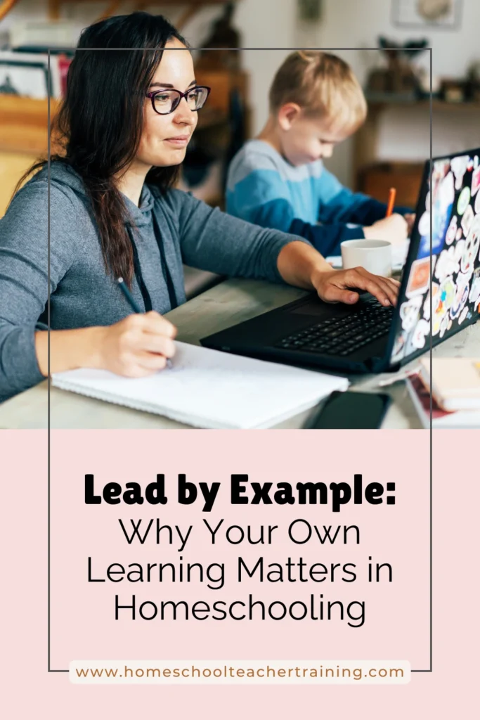 Lead by example: a woman learns while a child plays nearby